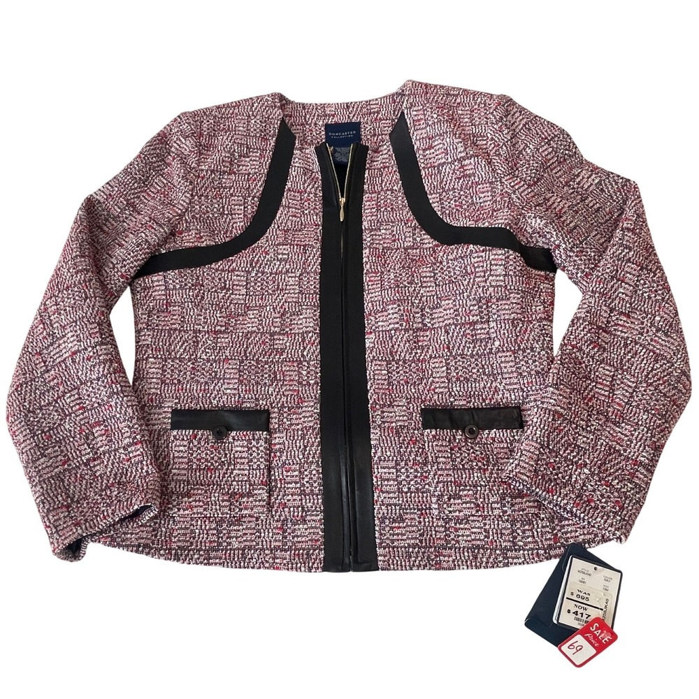 00780 Doncaster Collection Boucle' Jacket Leather Panel Zip Front Career Blazer - Picture 12 of 16